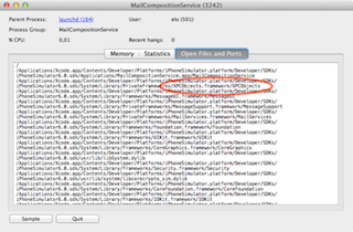 Activity Monitor showing that MailCompositionService links with XPCObjects.framework.