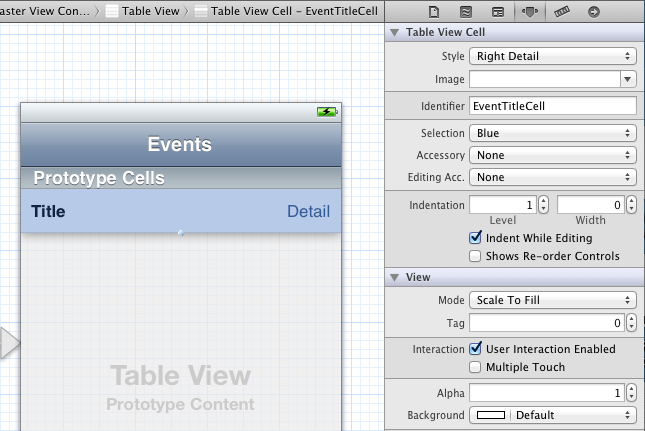 Configuring the settings of the prototype cell in Interface Builder.