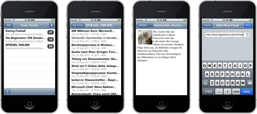 iPhones with screenshots of RSS reader app Feeder