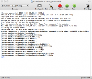 Screenshot of the debugger console with the iPhone gloss caustic shader sample app running.