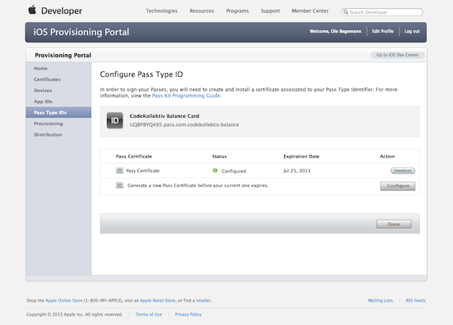 Configuring a Pass Type Identifier in the iOS Provisioning Portal