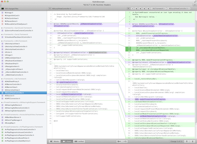 Screenshot of Kaleidoscope 2 showing API diffs between iOS 6.0 and 6.1
