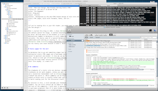 Screenshot of my Textmate + nanoc + GitX workflow