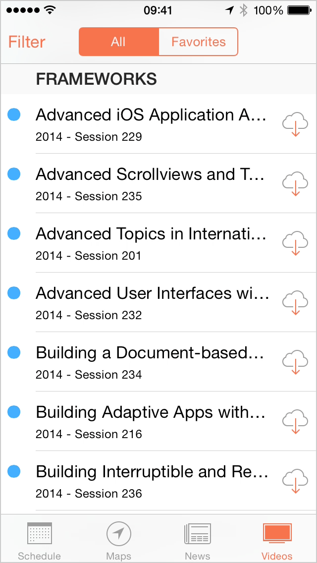 Apple’s WWDC app displaying a list of truncated session titles