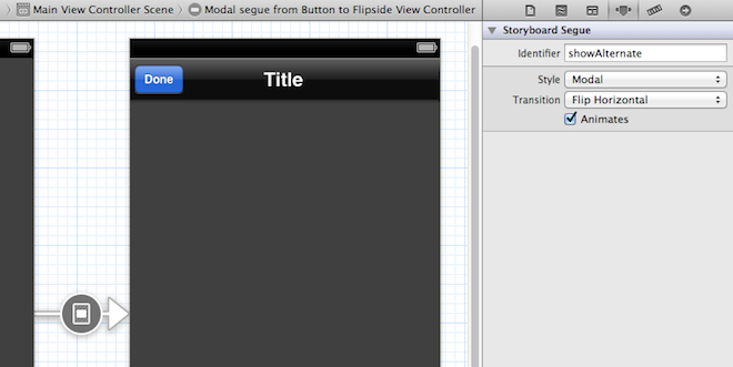 The modal segue to the FlipsideViewController in an Xcode Utility Application project template