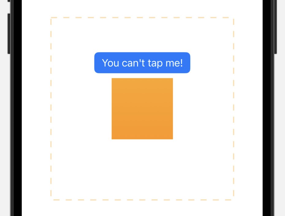 Xcode preview displaying a blue button and a small orange square. A larger dashed orange outline covers both the smaller square and the button.