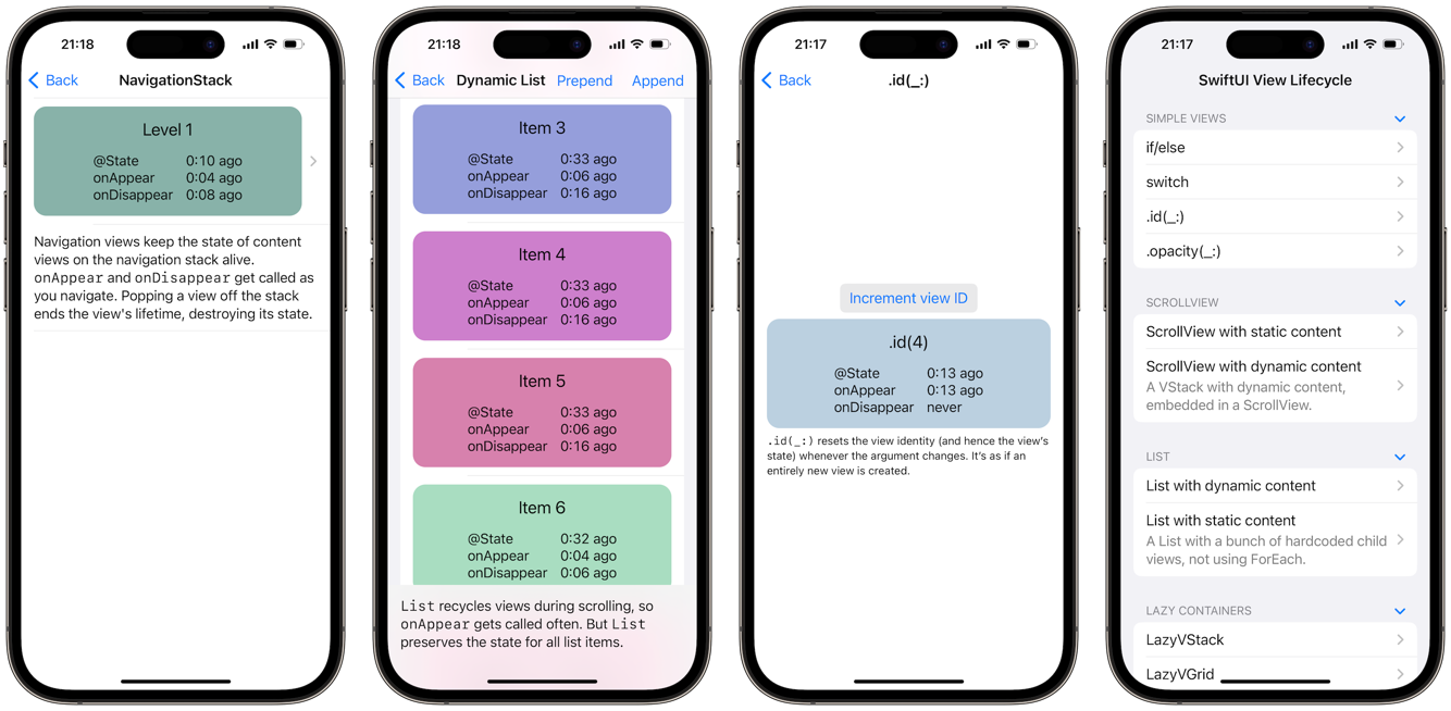 iPhone screenshots of the SwiftUI View Lifecycle app