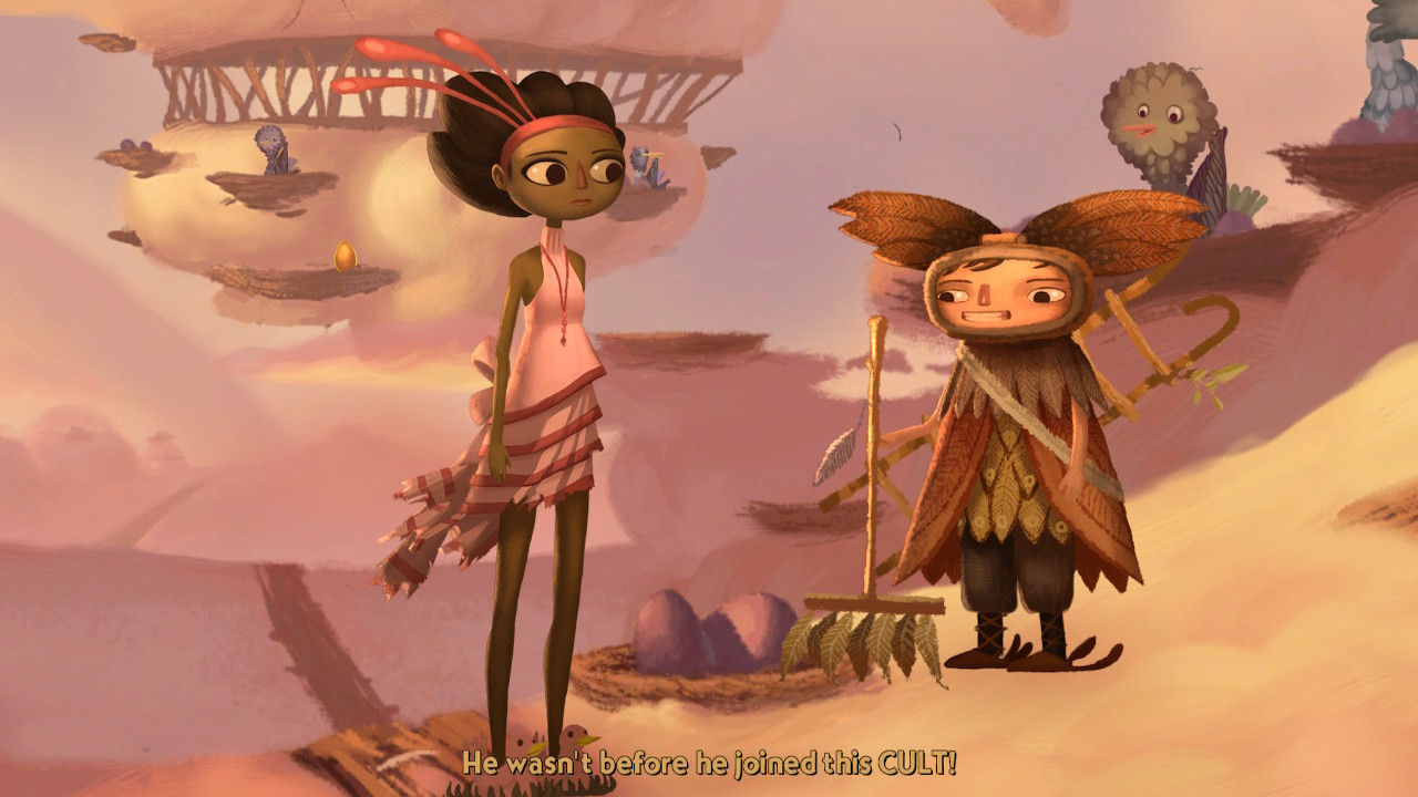 Screenshot from Broken Age. A tall girl in a pink dress is talking to a shorter girl in a bird costume. They are standing on a cloud.