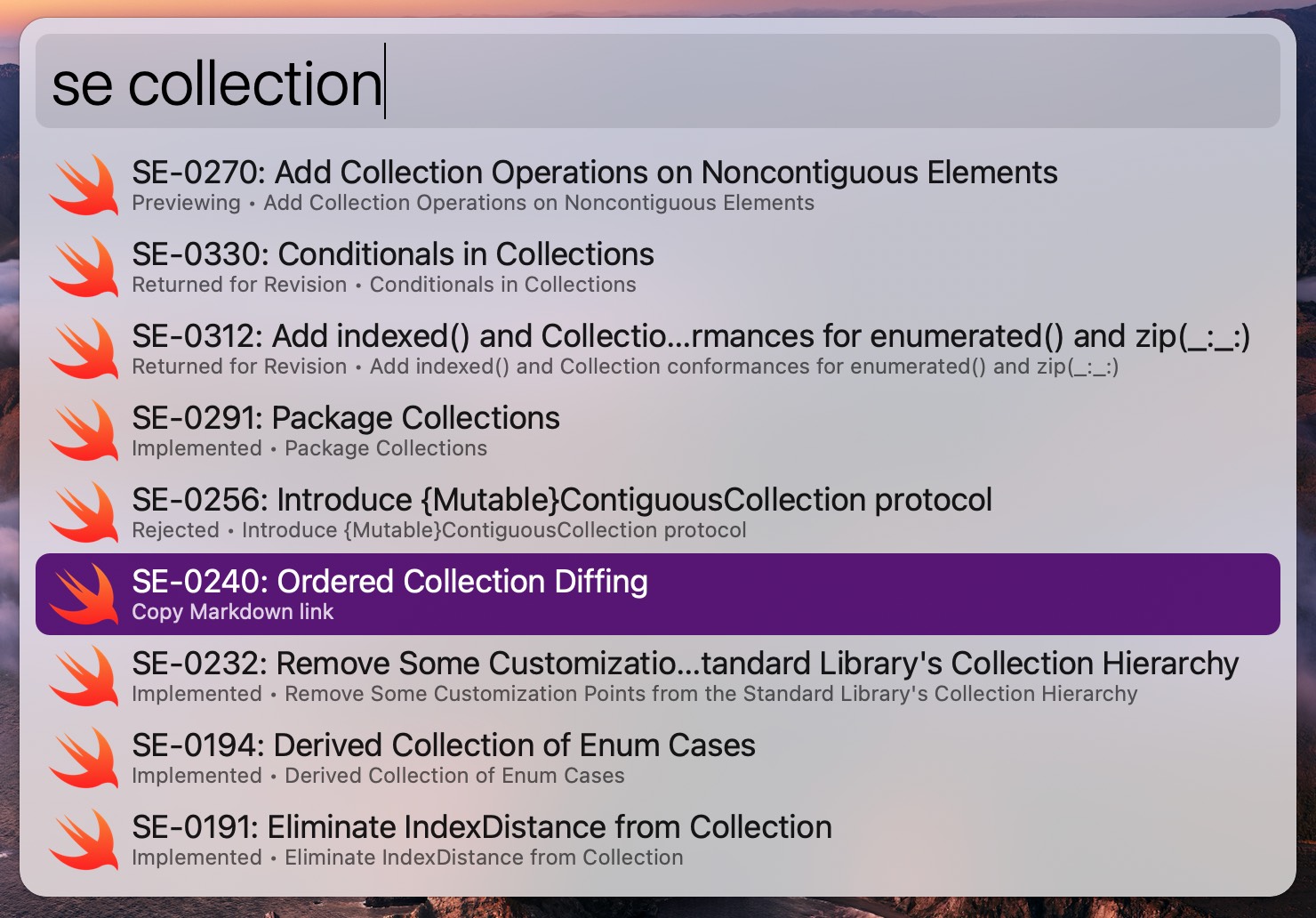 Alfred window on macOS displaying a text field containing 'se collection'. Below it is a list of 9 Swift Evolution proposals matching the search query. The sixth list item is selected.