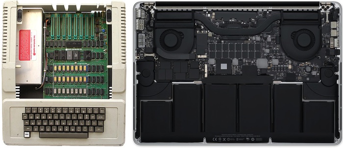 Comparison of the insides of an Apple II and Apple's 2012 Retina Macbook Pro