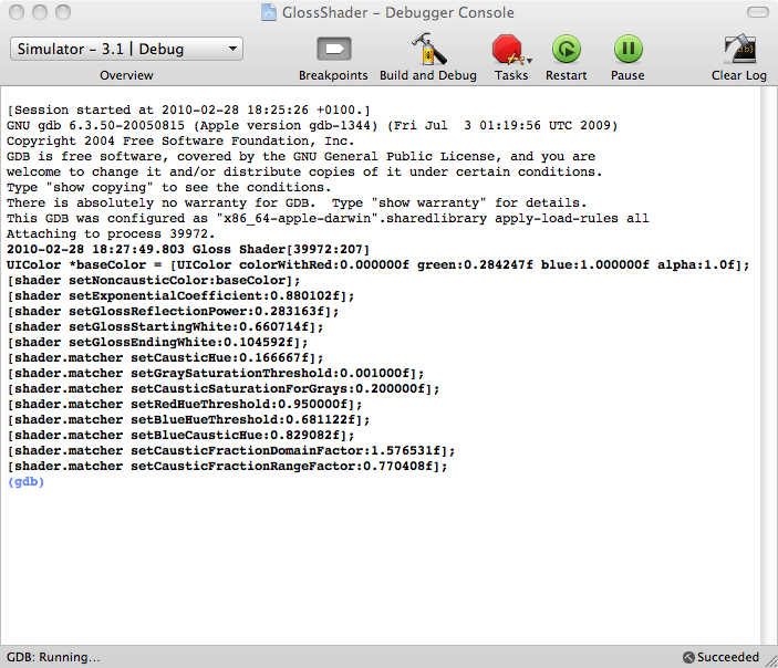 Screenshot of the debugger console with the iPhone gloss caustic shader sample app running