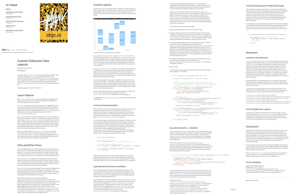 Screenshot of my article on Custom Collection View Layouts for objc.io #3