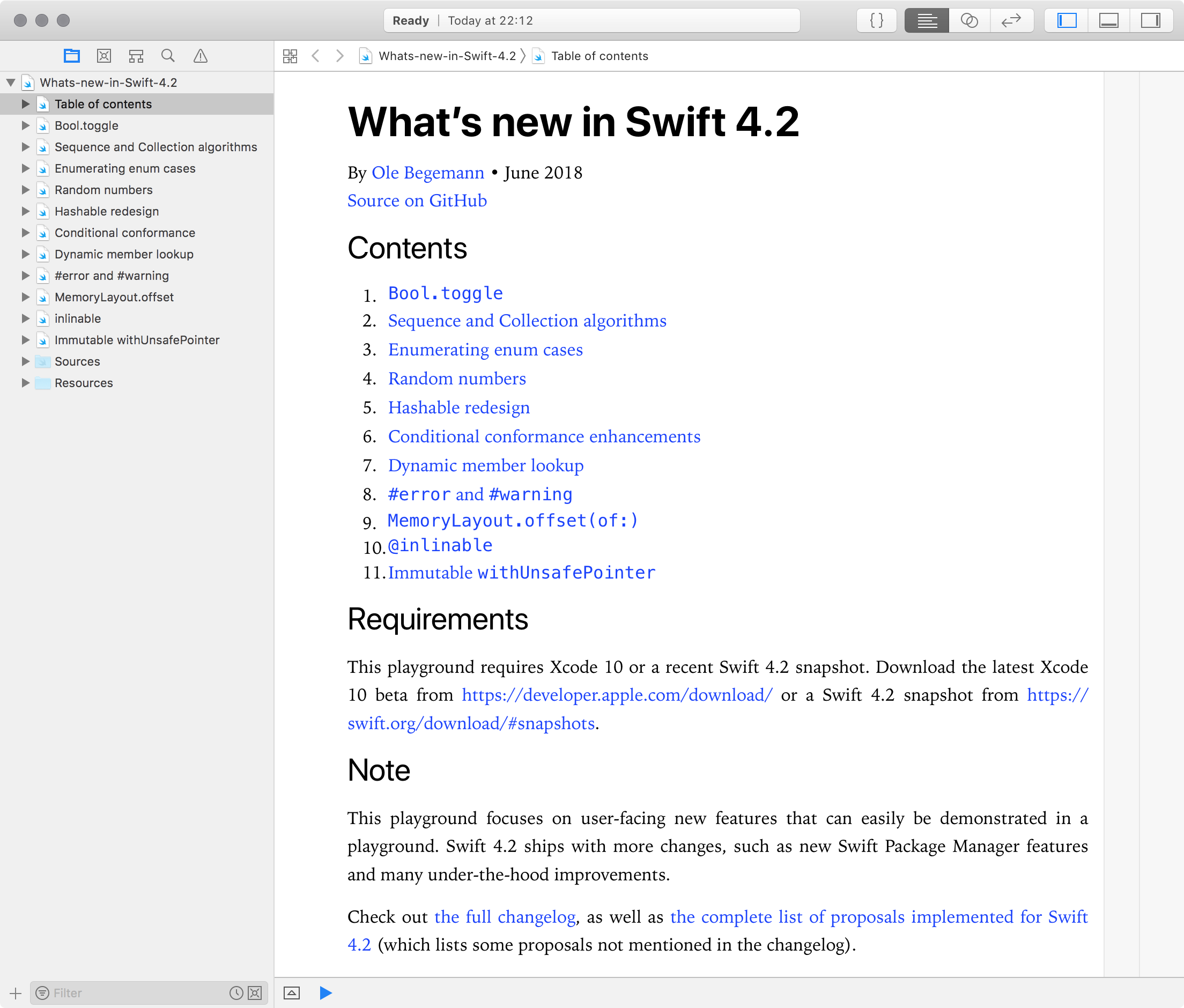 The What’s new in Swift 4.2 playground
