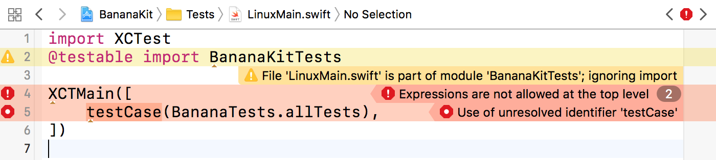 Xcode showing build errors when you add LinuxMain.swift to the test target.