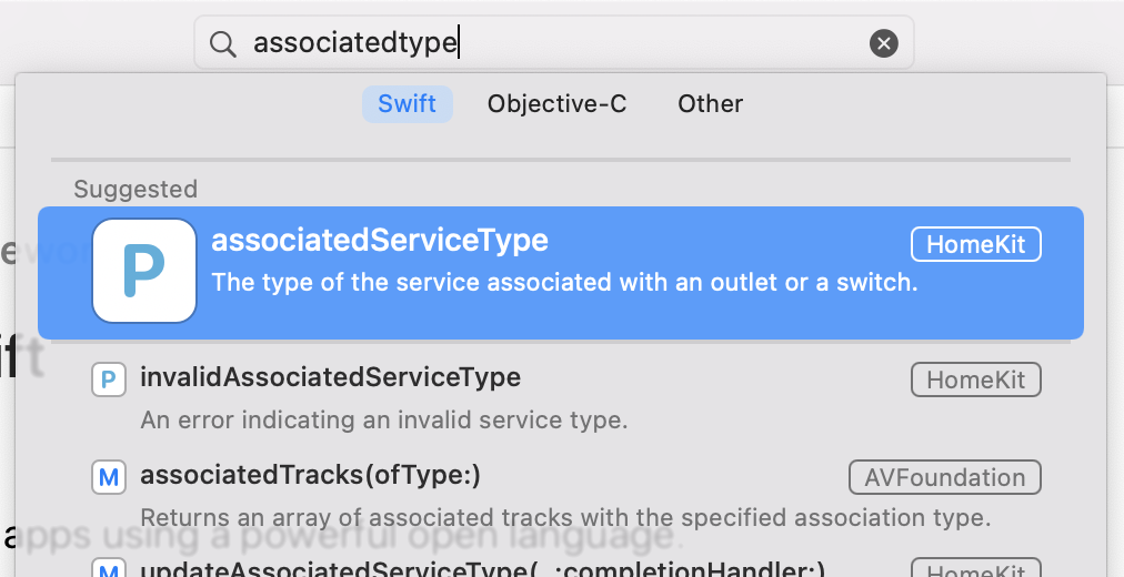 Xcode documentation viewer showing meaningless results when searching for 'associatedtype'