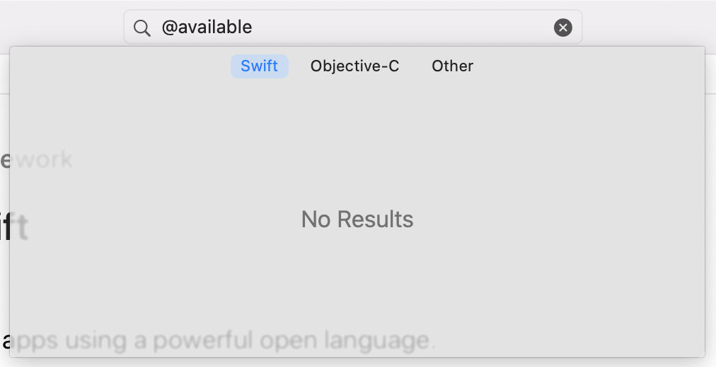 Xcode documentation viewer showing no result when searching for '@available'