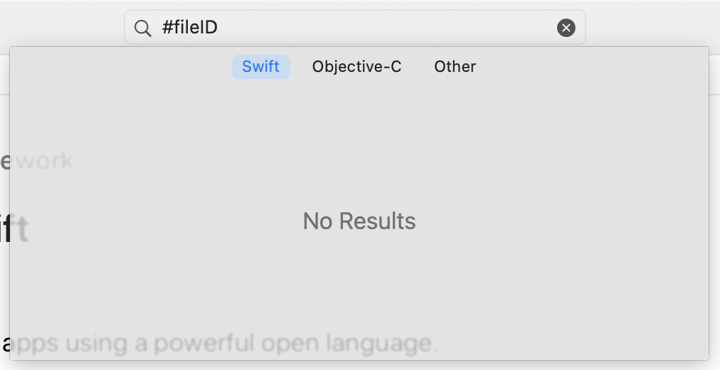 Xcode documentation viewer showing no result when searching for '#fileID'