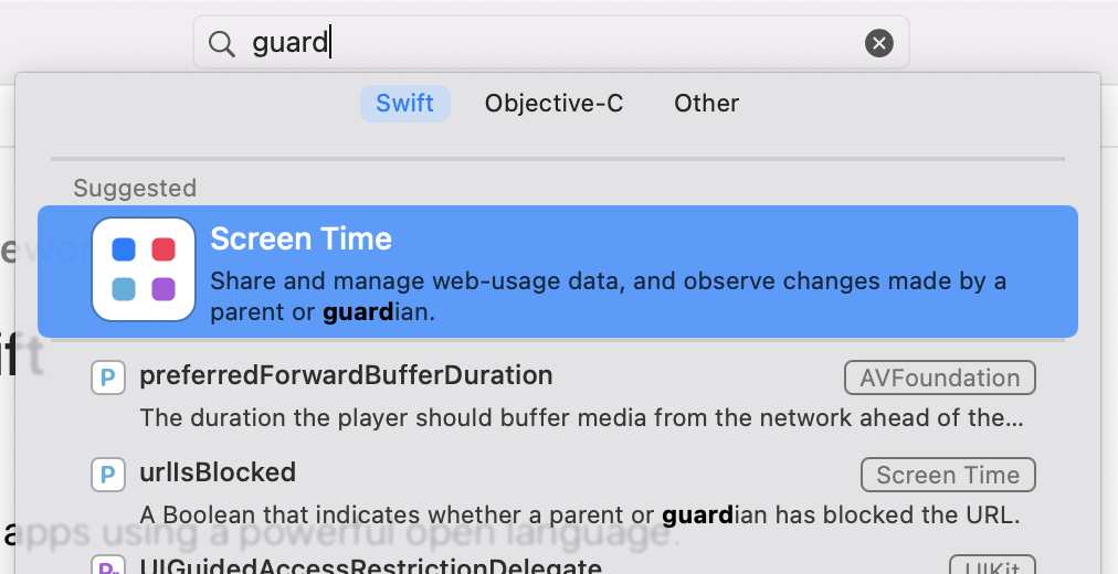 Xcode documentation viewer showing meaningless results when searching for 'guard'