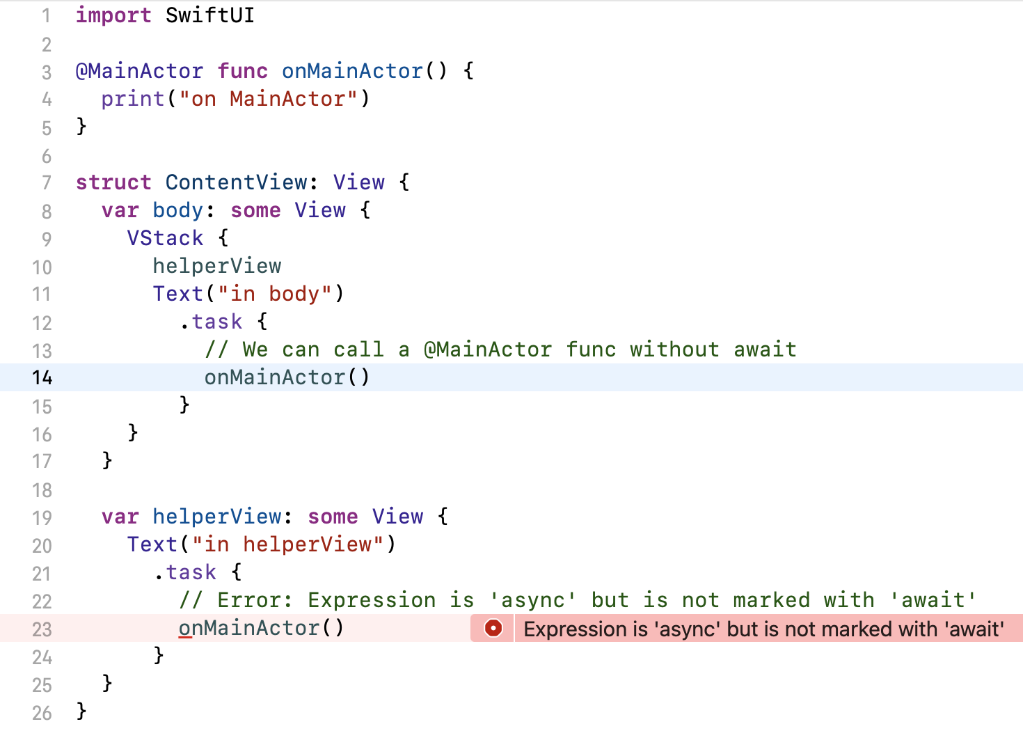 Xcode showing the compiler diagnostic 'Expression is 'async' but is not marked with await'