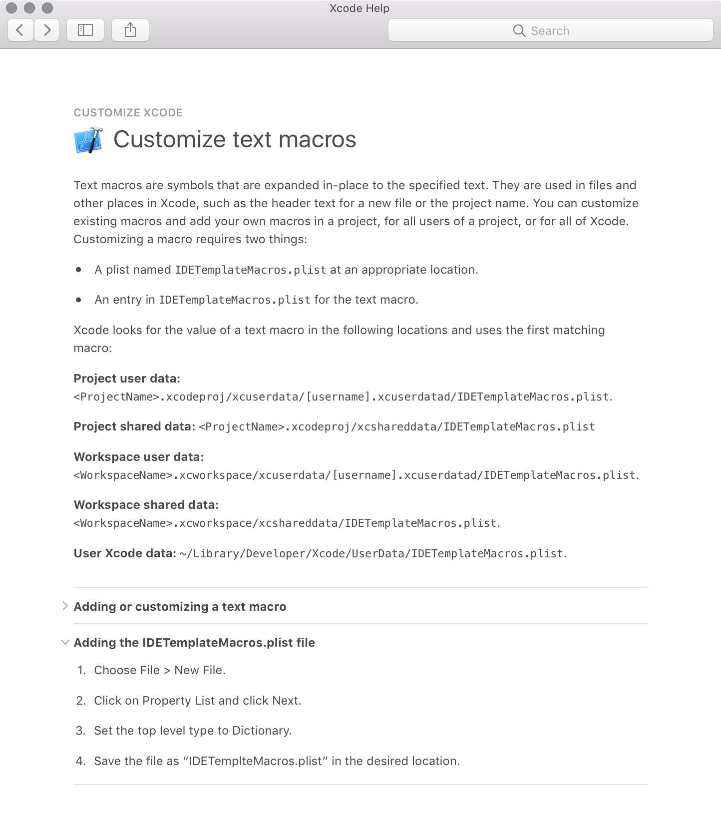 The Customize Text Macros page in Xcode Help
