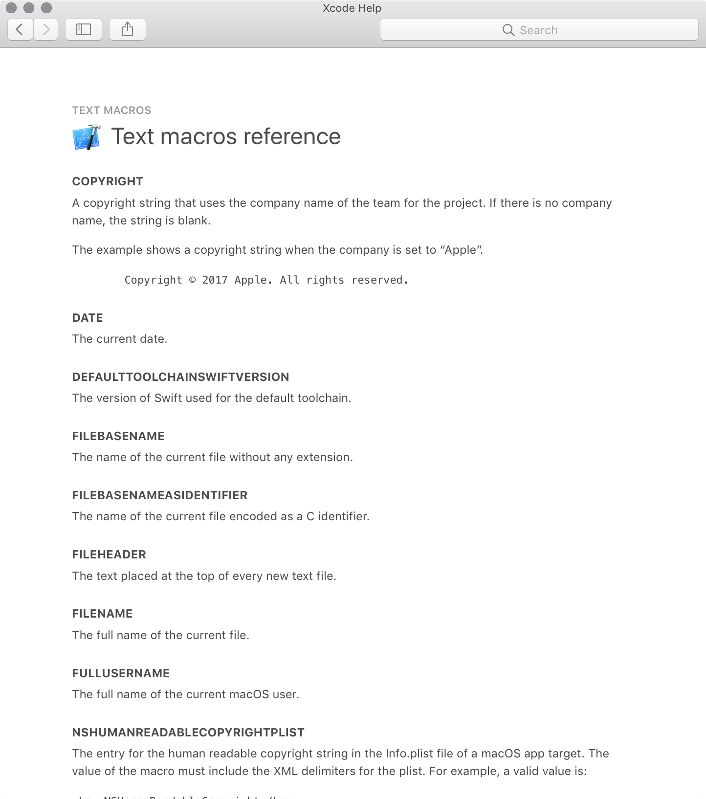The Text Macros Reference page in Xcode Help