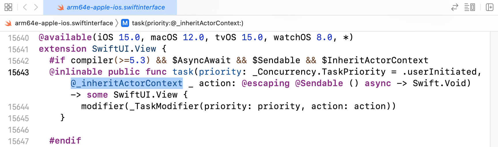 Xcode showing the declaration for the View.task method in the SwiftUI.swiftinterface file. The @_inheritActorContext annotation is selected.
