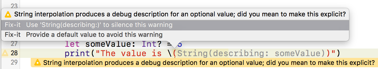 Xcode warning about using an optional value in a string interpolation segment in the latest Swift snapshot